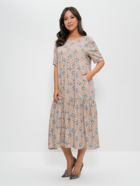 Платье  (Размер 60 Цвет бежевый,голубые цветы )