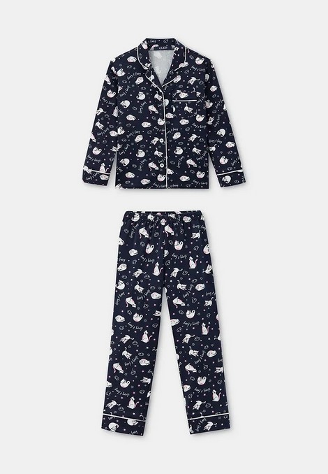 Пижама для девочек (Размер 98-104 Цвет синий с кошкой)