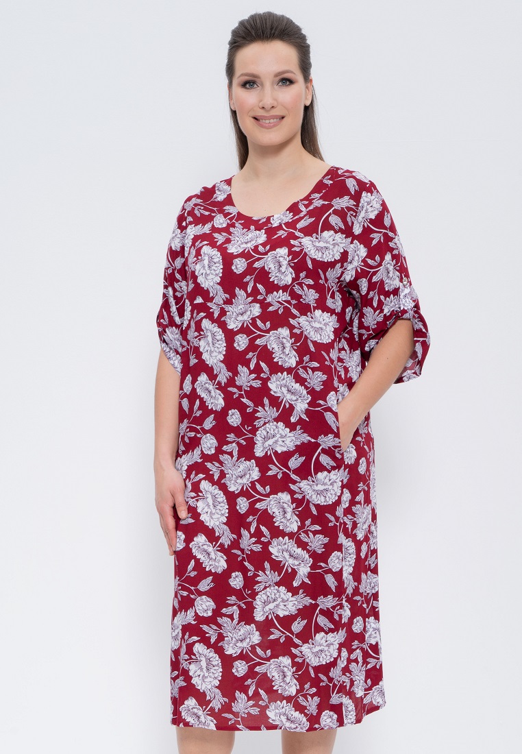 Платье  (Размер 52 Цвет бордовый,белые цветы)