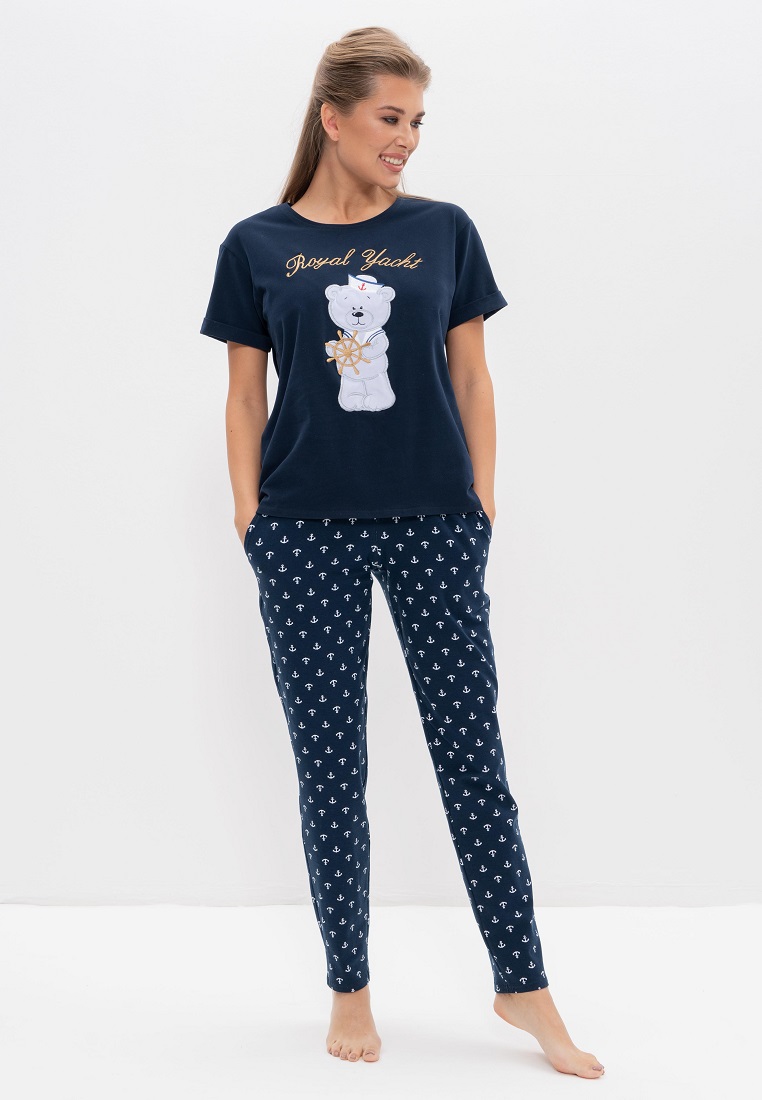 Пижама с брюками (Размер 50 Цвет синий с мишкой)