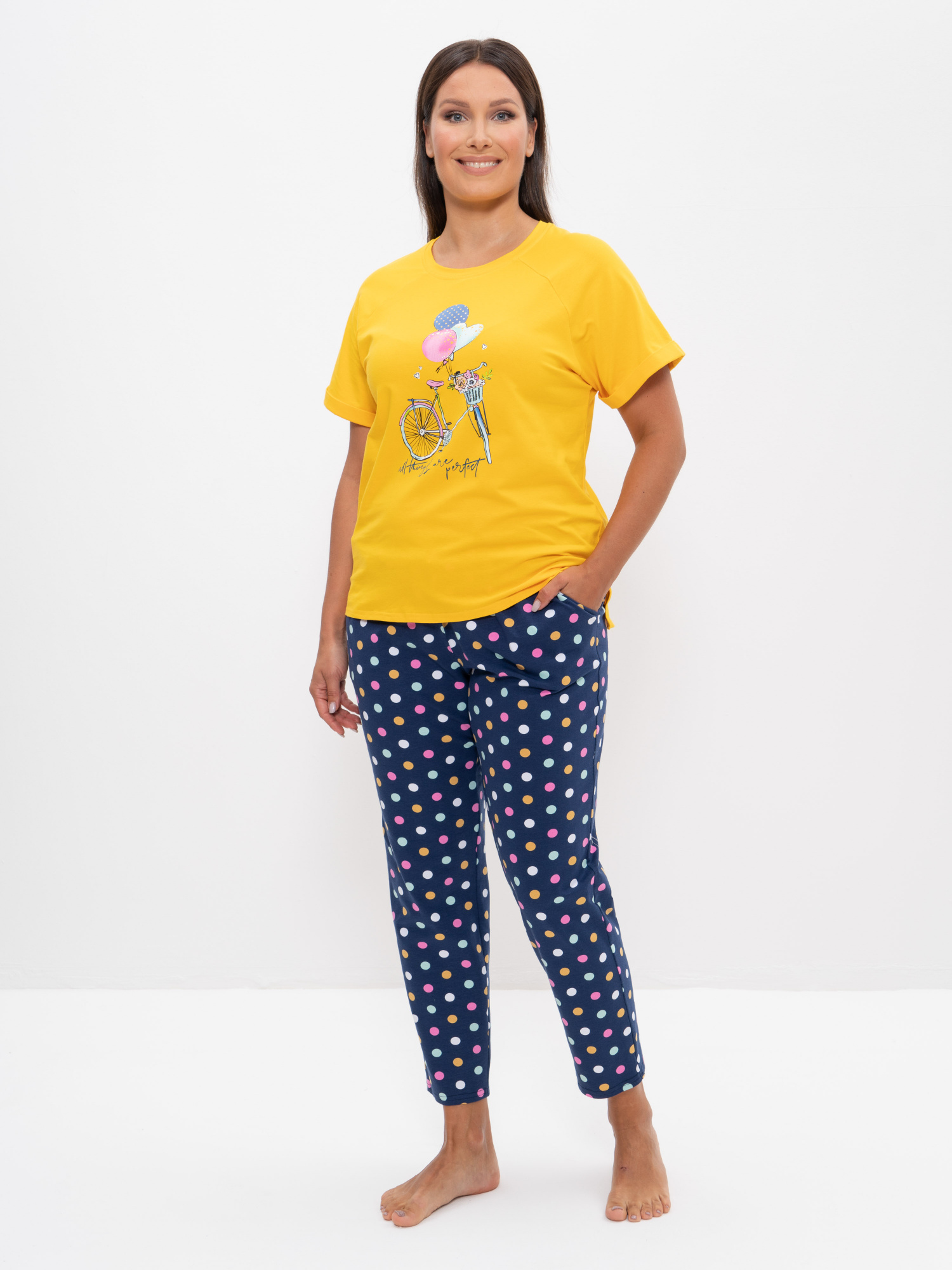 Пижама с брюками (Размер 44 Цвет желтый,разноцветный горох)